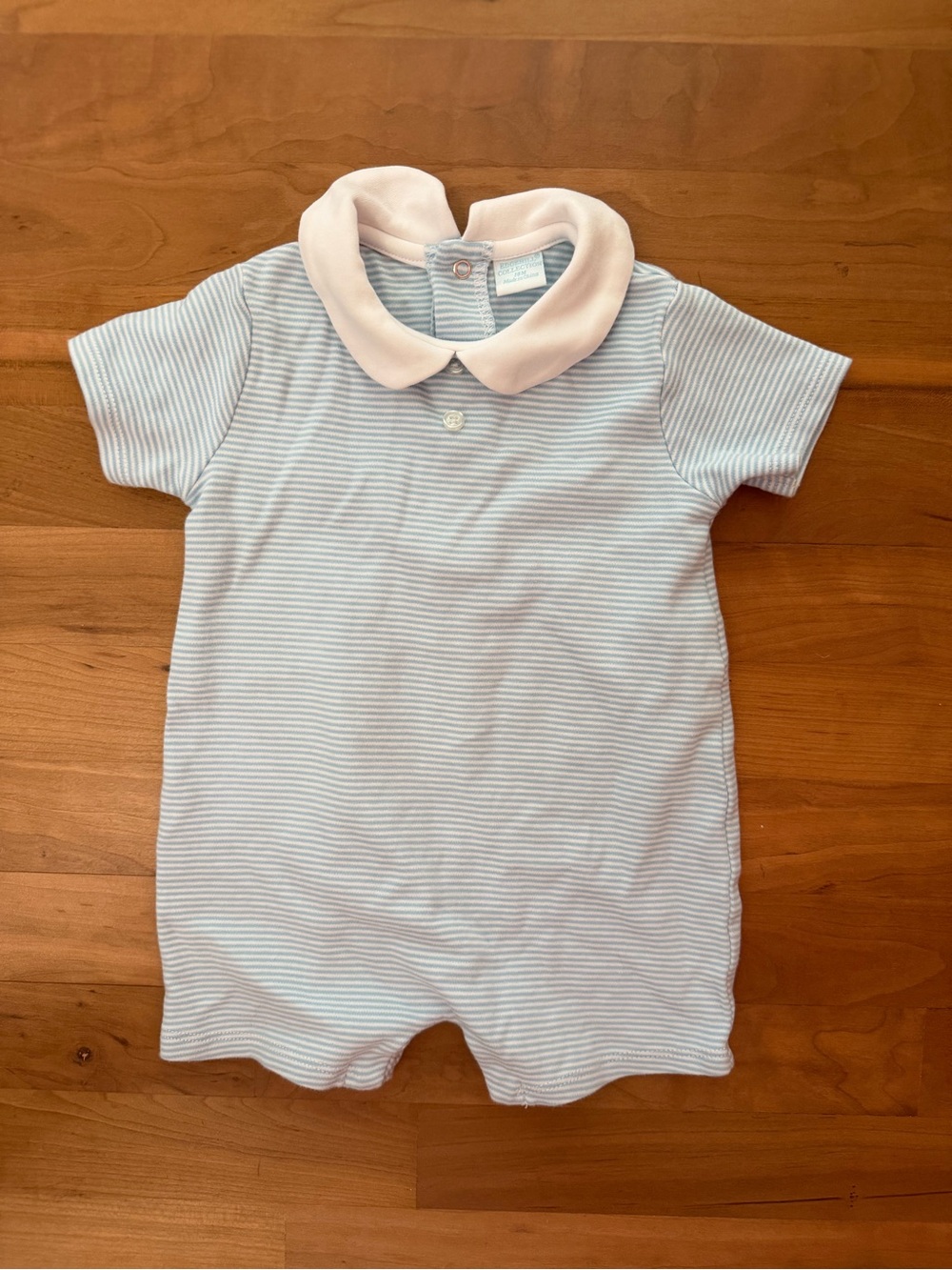 Edgehill Collection Light Blue & White Striped Baby One-Piece with Pink Collar
